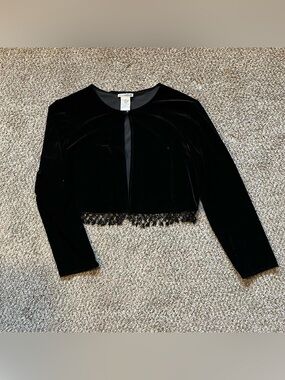 After Dark black velvet button front beaded fringe cardigan